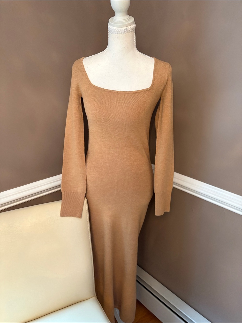 French Connection Camel Long Sleeve Square Neck Knit Dress